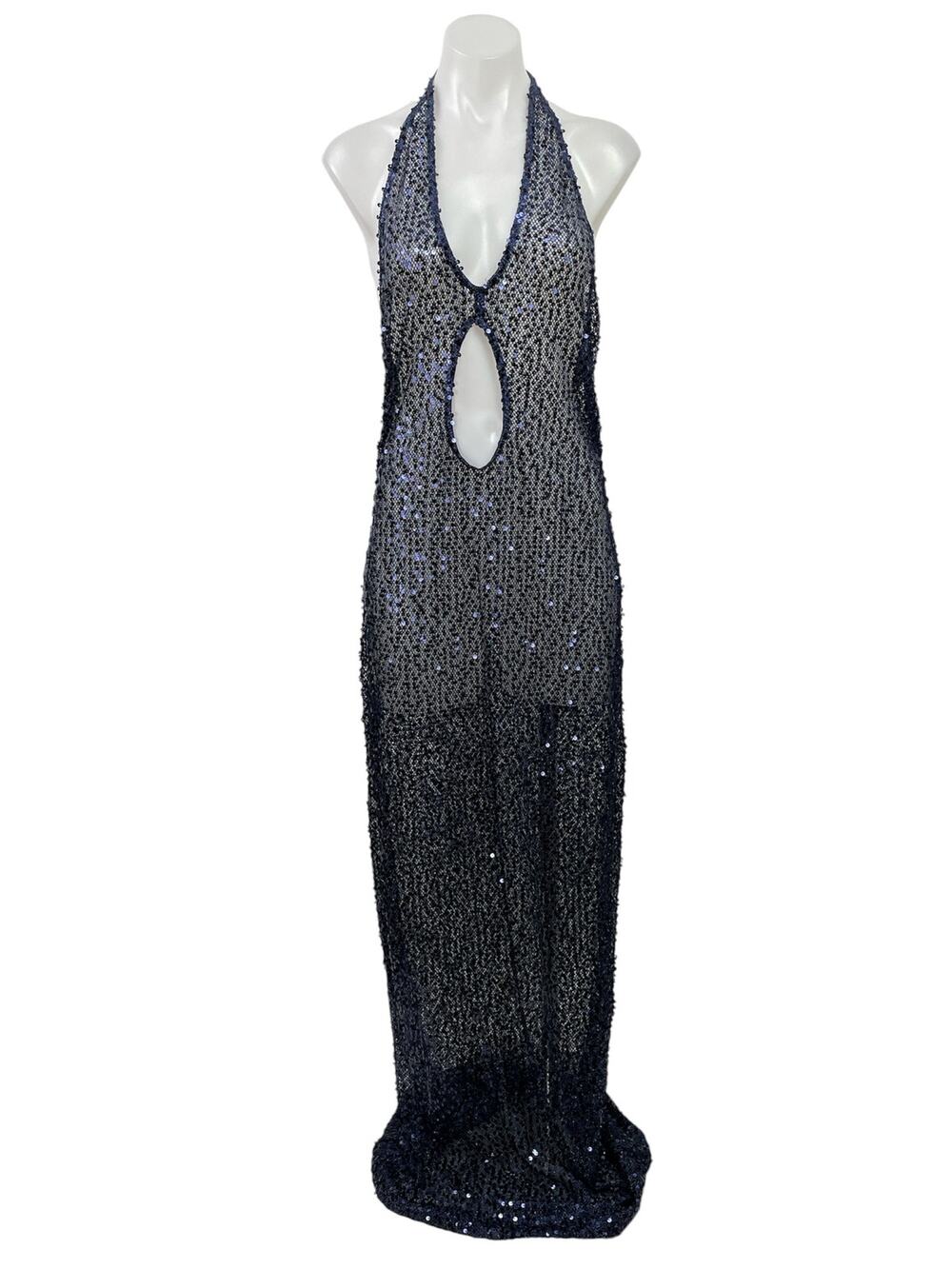PrettyLittleThing Blue Sheer Sequin Plunge Halter Cutout Maxi Dress Size 12 Tall